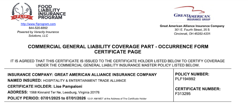 Food liability insurance certificate